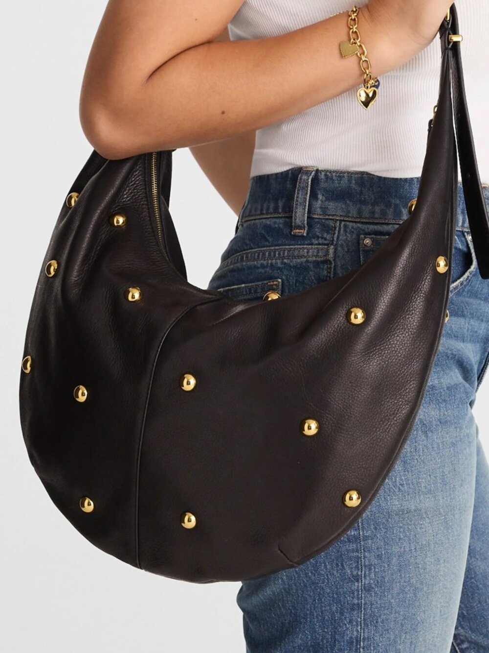 Madewell Black Leather Hobo Bag with Gold Studs